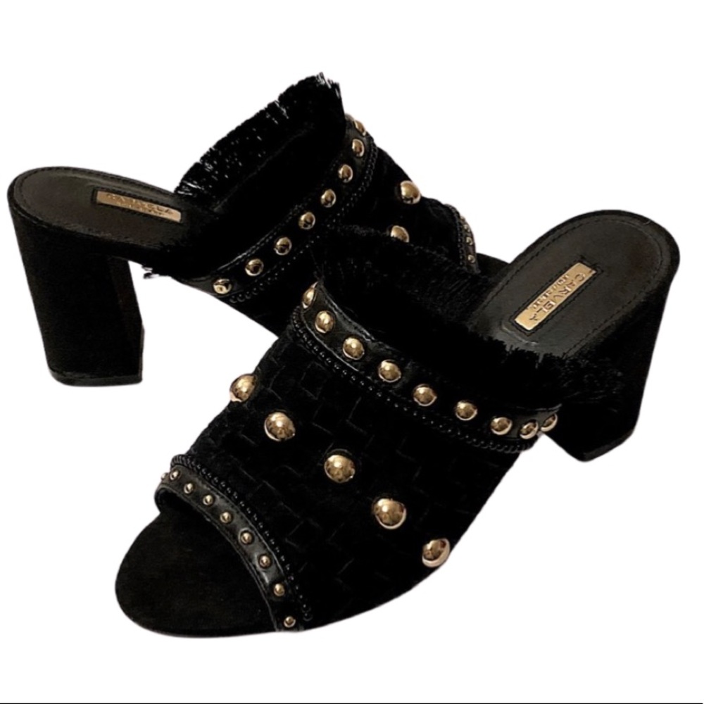 Carvela Kurt Geiger ‘Gander’ Mid Heel  Gold Studded Black Suede Mule Heels 37